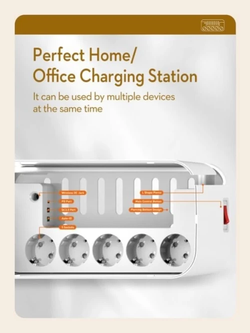 Boîtier multiprise sans fil Ldnio avec 5 prises d'alimentation 2 ports USB puissance de 2500W