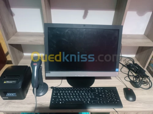 Pc et logiciel commercial erimprimante ticket et code barre et scan prix et 