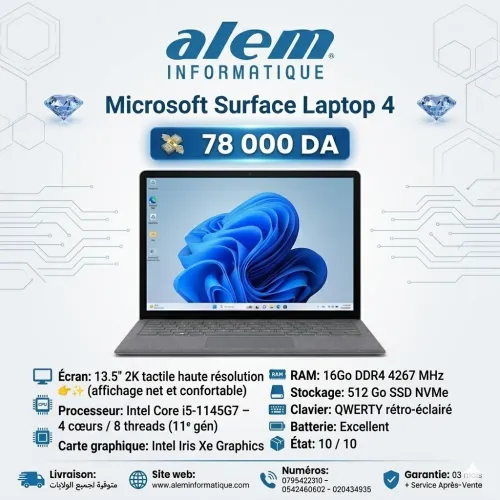 Microsoft Surface Laptop 4 / i5-1145G7 / 16 Go / 512 Go SSD / 13.5 2K Tactile