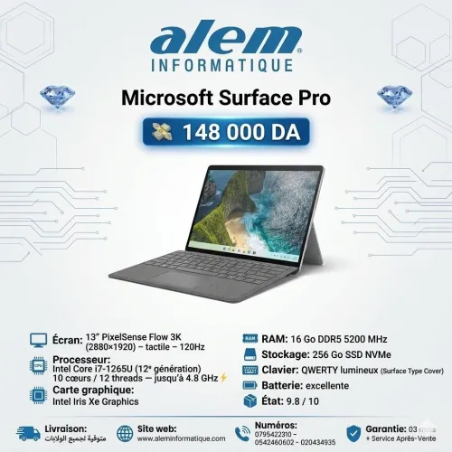 Microsoft Surface Pro 9 / i7-1265U / 16 Go DDR5 / 256 Go SSD / 3K 120Hz
