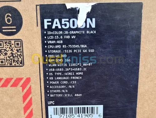 ASUS TUF A15 GAMING / AMD RYZEN 5 7535HS / 16Go DDR5 / 512SSD / 15.6 FHD 144Hz
