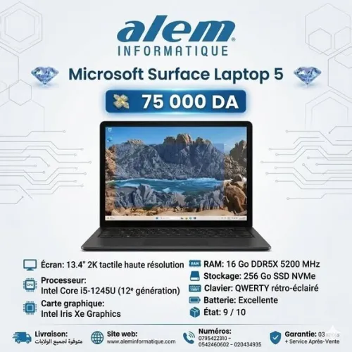 Microsoft Surface Laptop 5 / i5-1245U / 16 Go DDR5X / 256 Go SSD / 13.4 2K Tactile