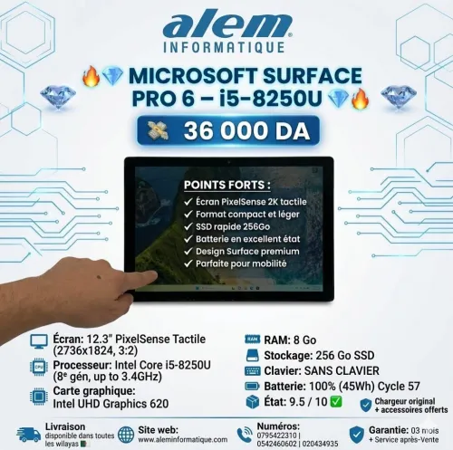 MICROSOFT SURFACE PRO 6 / i5-8250U / 8Go RAM / 256Go SSD / Écran PixelSense Tactile