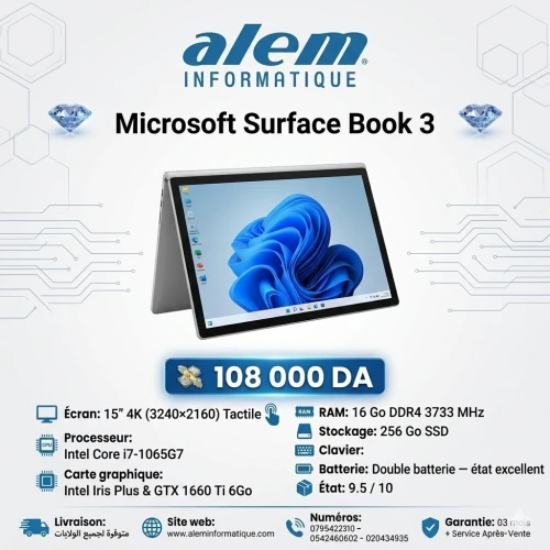 Microsoft Surface Book 3 / i7 / 16 Go / GTX 1660 Ti / 4K Tactile 15