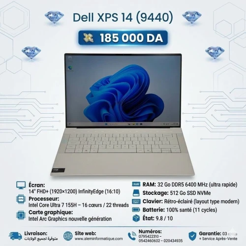 Dell XPS 14 (9440) / Ultra 7 155H / 32 Go / 512 Go SSD / 14 FHD+