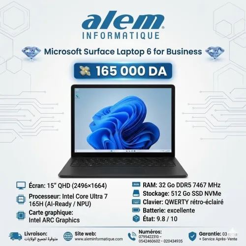 Microsoft Surface Laptop 6 for Business / Ultra 7 165H / 32 Go DDR5 / 512 Go SSD / 15 QHD
