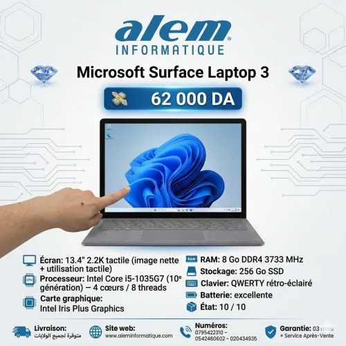 Microsoft Surface Laptop 3 / i5-1035G7 / 8 Go / 256 Go SSD / 13.4 2.2K Tactile