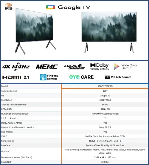 GAMING TV IRIS QLED Q7700 PRO GOOGLE TV UHD 4K 144Hz Matte (86"/100")