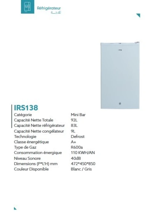 REFRIGERATEUR IRIS MAXI BAR IRS 138 DEFROST (BLANC/GRIS)