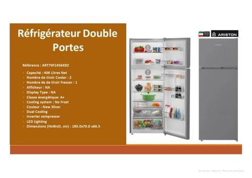 ARISTON REFRIGERATEUR 2 PORTES 406LITRES NOFROST INVERTER INOX