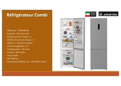 ARISTON REFRIGERATEUR COMBINÉ 2 PORTES 355LITRES NOFROST INOX
