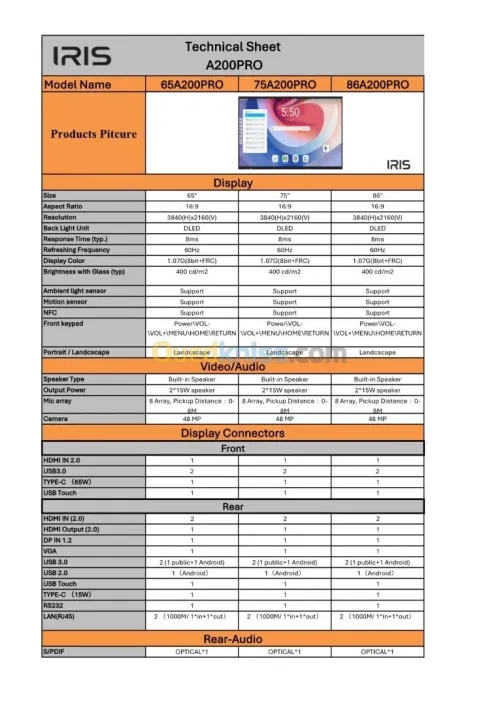 ECRAN TACTILE INTERACTIF IRIS A200 PRO 75 POUCES