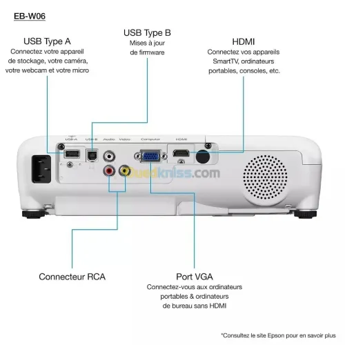 EPSON EB-W06 - VIDÉOPROJECTEUR WXGA - 3700 LUMENS - 3 LCD - JUSQU'À 100"- 12 000H - HDMI - SPEAKERS