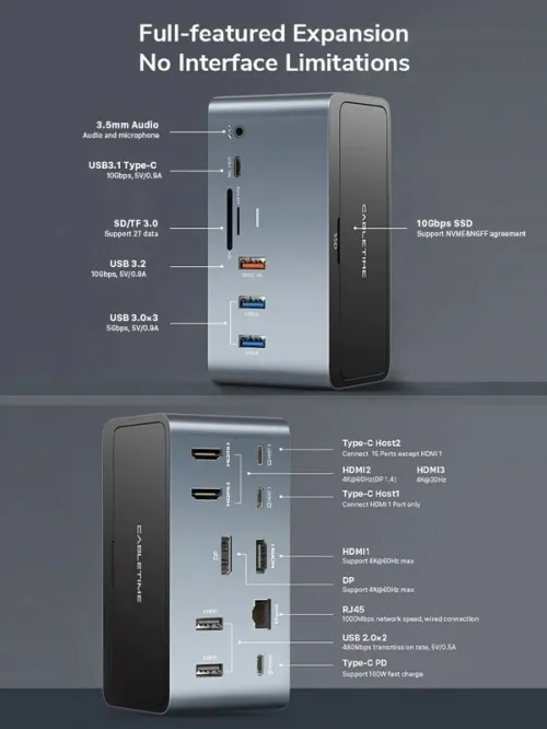 0791304387 - Cabletime USB-C Docking Station HDMI/DisplayPort 4K PD Ethernet