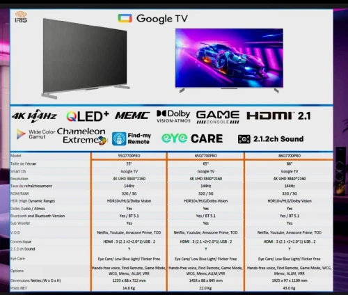 TV IRIS 55" Q7700 Gaming TV Google tv 4K Android 144 hrz 55 POUCES