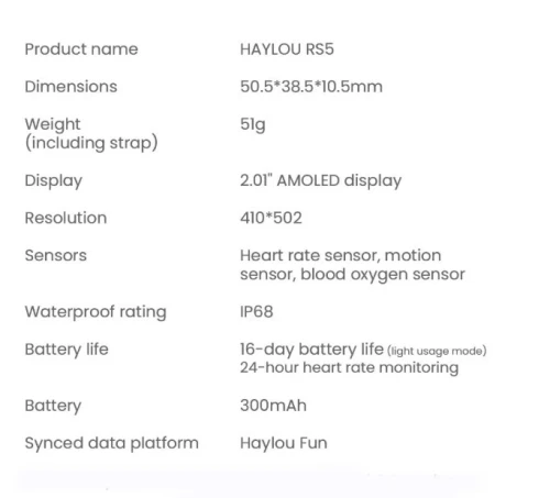 HAYLOU RS5 SmartWatch 2.01 ''AMOLED affichage 24H surveillance de la santé Sport