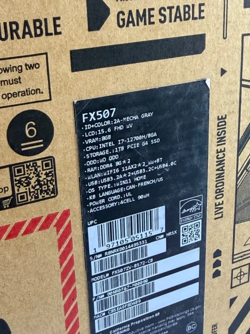 ASUS TUF F15 GAMING I7-H/12TH/16GO/1TB SSD NVME/NVIDIA RTX 4060 08GO 140W