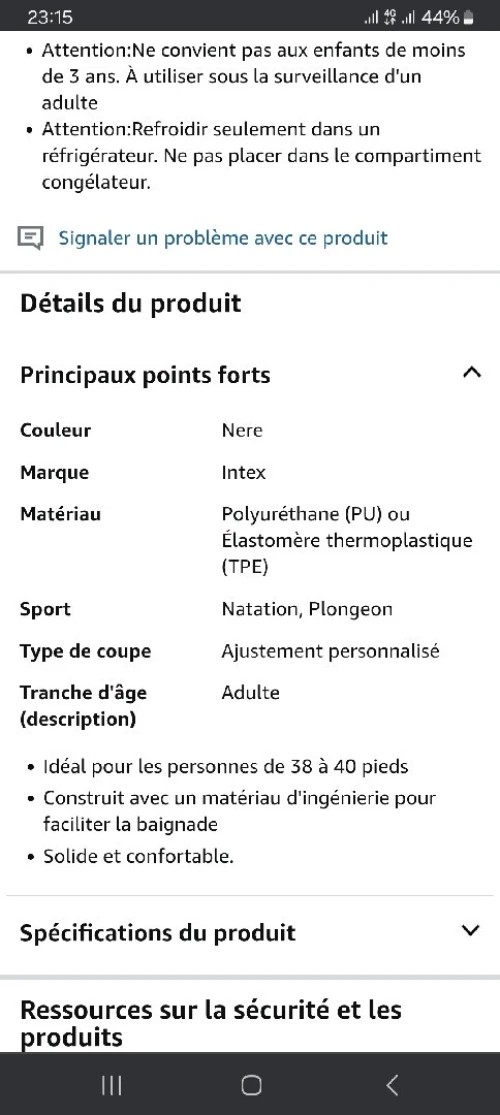 Palme intex pointure 38-40 taille M