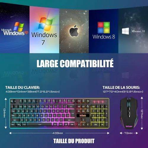 RedThunder K10 Clavier ET Souris Gaming sans Fil, AZERTY, RGB, Rechargeables,  Souris 7D  3200DPI 
