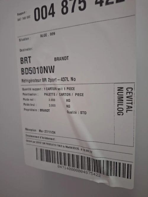 Réfrigérateur brandt nofrost 500L Bd5010nw