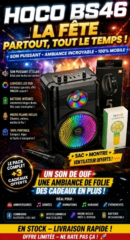 Bafle Hoco Bs46 sac+montre  +ventilateur offert