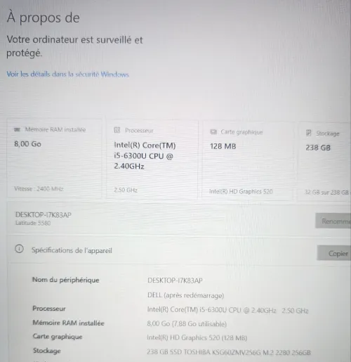 Pc DELL i5 6eme (8/256SSD)
