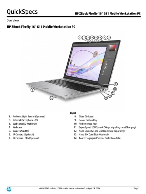 HP ZBook Firefly 16 G11, Intel Core Ultra 7,32GB RAM DDR5, 512GB SSD,NVIDIA RTX A500 4GB,16" WUXGA,