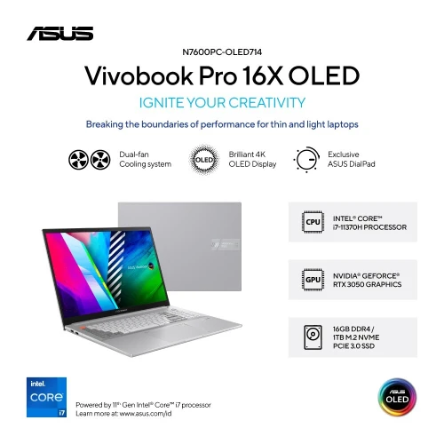 VENDU - Asus Vivobook Pro 16X OLED (N7600),Intel Core i7-11370H, 16GB, 1TB SSD, RTX3050 4GB, 16" 4K