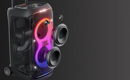 JBL PARTYBOX STAGE 320, Enceinte Bluetooth, 240 W - Batterie intégrée - Effets lumineux - Prises micro/guitare - Bluetooth 5.4/USB/AUX - IPX4 - Poignée trolley + roulettes