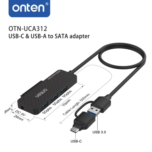 Adaptateur USB-C & USB 3.0 To SATA avec HUB USB 3.0 à 3 ports
