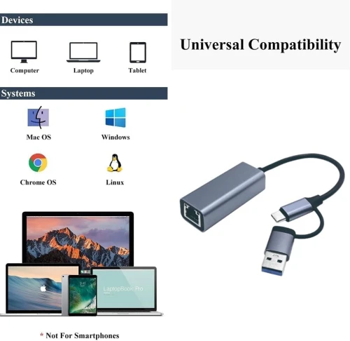 Adaptateur USB 3.0 Type-A + Type-C To RJ45 10/100/1000 Mbps