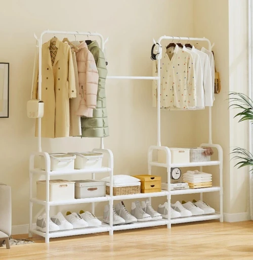 Meuble 2-en-1 Porte-Manteau et Rangement Chaussures en Métal