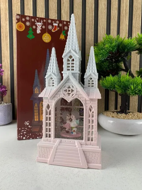 Château Décoratif à Neige Tourbillonnante avec Lumières LED