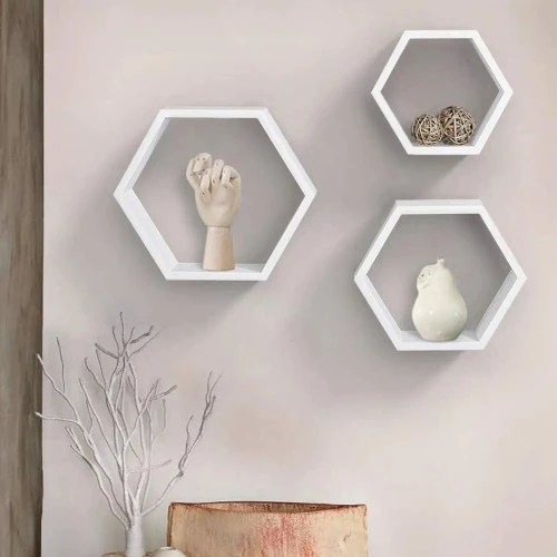 Lot de 3 Étagères Murales Décorative - Bois - Hexagonale