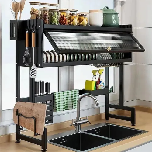 Égouttoir de Cuisine 3 Étages avec Couvercle Protecteur pour Évier