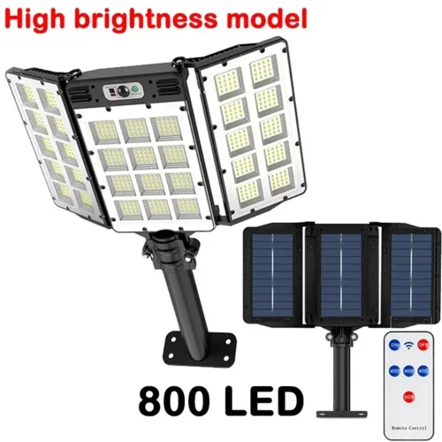 Projecteur Solaire Extérieur 800 LED  Super Lumineux, 3 Panneaux et Télécommande