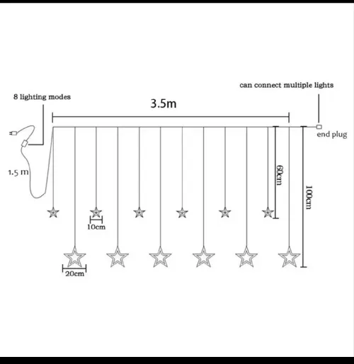 Guirlande Guirxiété rideau etoiles lumineux décoration ramadan 3x3 m lumiere Doré