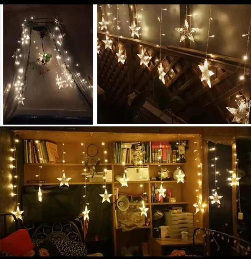 Guirlande Guirxiété rideau etoiles lumineux décoration ramadan 3x3 m lumiere Doré