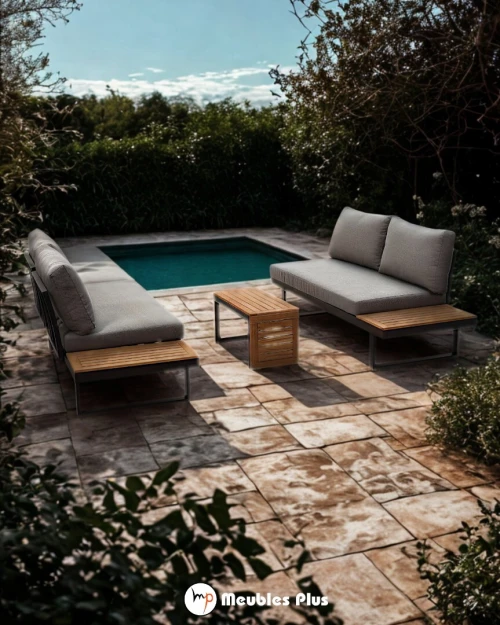 SALON ANGLE JARDIN MODULABLE 5 PLACES AVEC TABLE BASSE ALUMINIUM