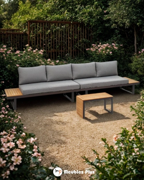 SALON ANGLE JARDIN MODULABLE 5 PLACES AVEC TABLE BASSE ALUMINIUM