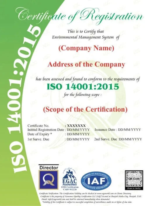 Certification :  ISO 9001- ISO 14001 -ISO 45001- ISO 22000 avec l'organisme de certification AQC