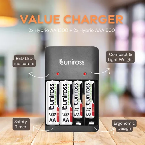 Chargeur de pile UNIROSS Value AAA / AA By USB-C + 2 x Pile AA 1300 + 2 x Pile AAA 600 - UCU010C