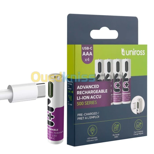 4 x Pile rechargeable UNIROSS Lithium AAA USB-C 1.5V - U322064
