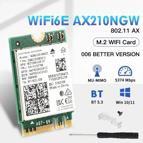 Carte Adaptateur sans fil WiFi 6E Intel AX210NGW Bluetooth 5.3 2.4G/5G/6GHz 802.11AX