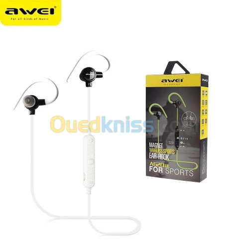 Ecouteur Sans-fil Bluetooth 4.1 AWEI A620BL aimant Crochet oreille pour Sport avec microphone Blanc