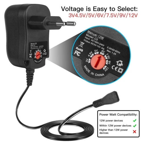 Chargeur adaptateur Alimentation universel 12W 3V 4.5V 5V 6V 7.5V 9V 12V 1.2A AC/DC Réglable