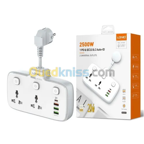Multiprise universelle Chargeur LDNIO SC2413 2 Prise AC + 3 USB + 1 USB-C PD - 2500W