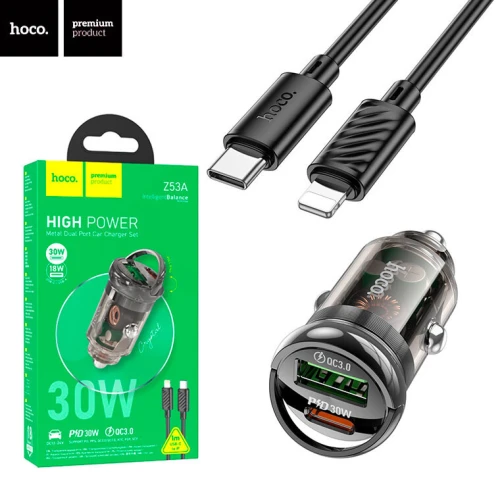 Chargeur AUTO 30W Type-c PD + USB QC3.0 HOCO Z53A + Câble USB-C Vers USB-C / Lightning 1m