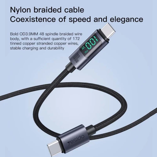 Câble de données et Charge tressé Type-c Vers Type-c 100W avec affichage Puissance YESIDO CA158 1.2m