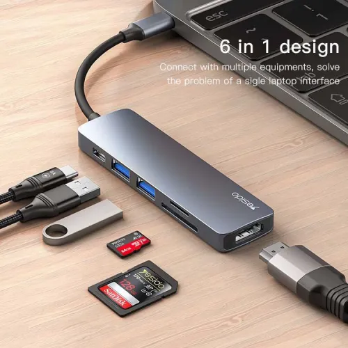 HUB Adaptateur 6 en 1 Type-c vers HDMI 4K + PD 60W USB-C + 2 x USB 3.0 + TF/SD YESIDO HB11